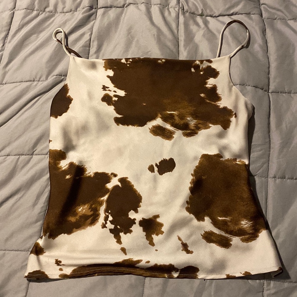 Cowl satin cow print tank top